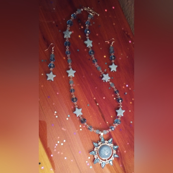 Sunburst Star Sunstone Rhinestone Crystal Turquoise Pendant Necklace Earrings - Picture 11 of 11